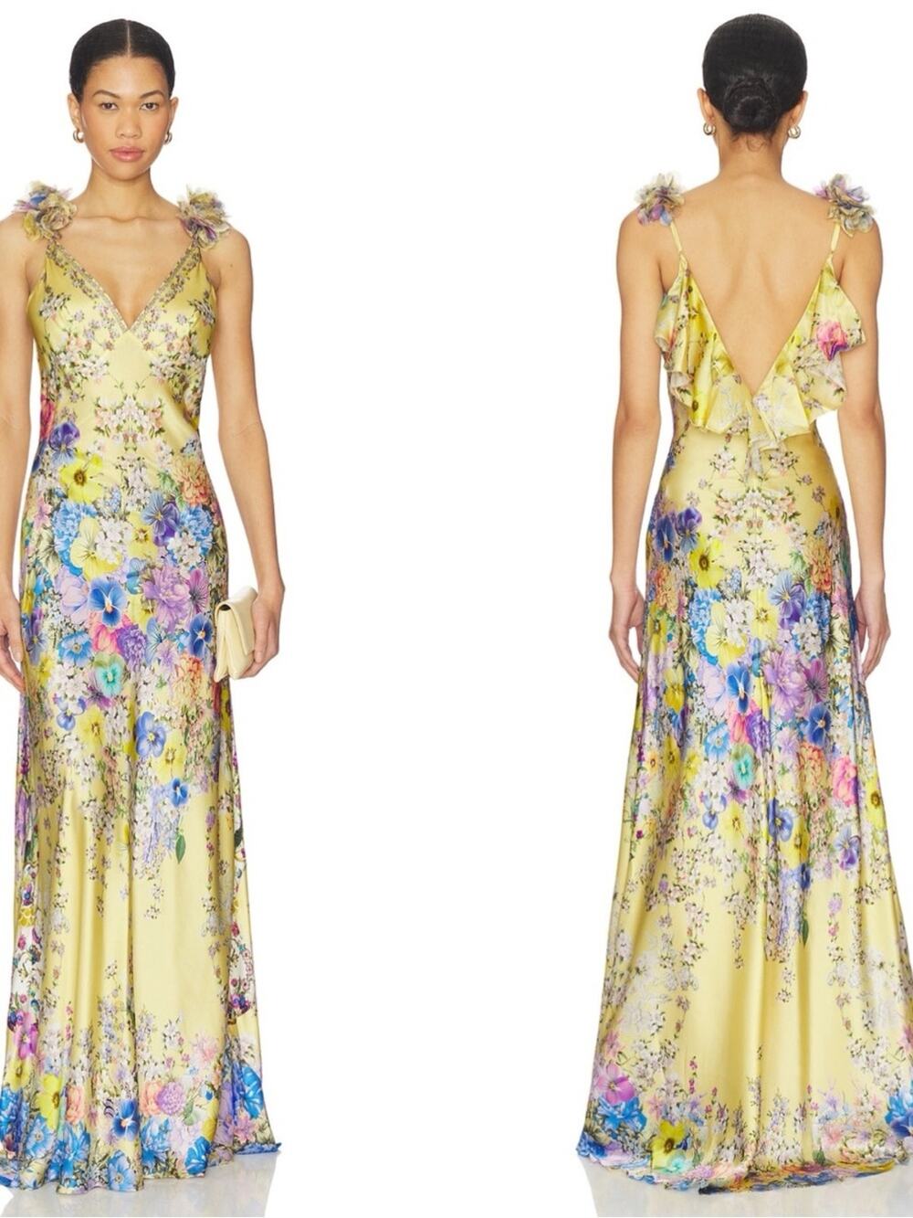 CAMILLA Bias Floral Frill Rosette Yellow Slip Dress Size Medium